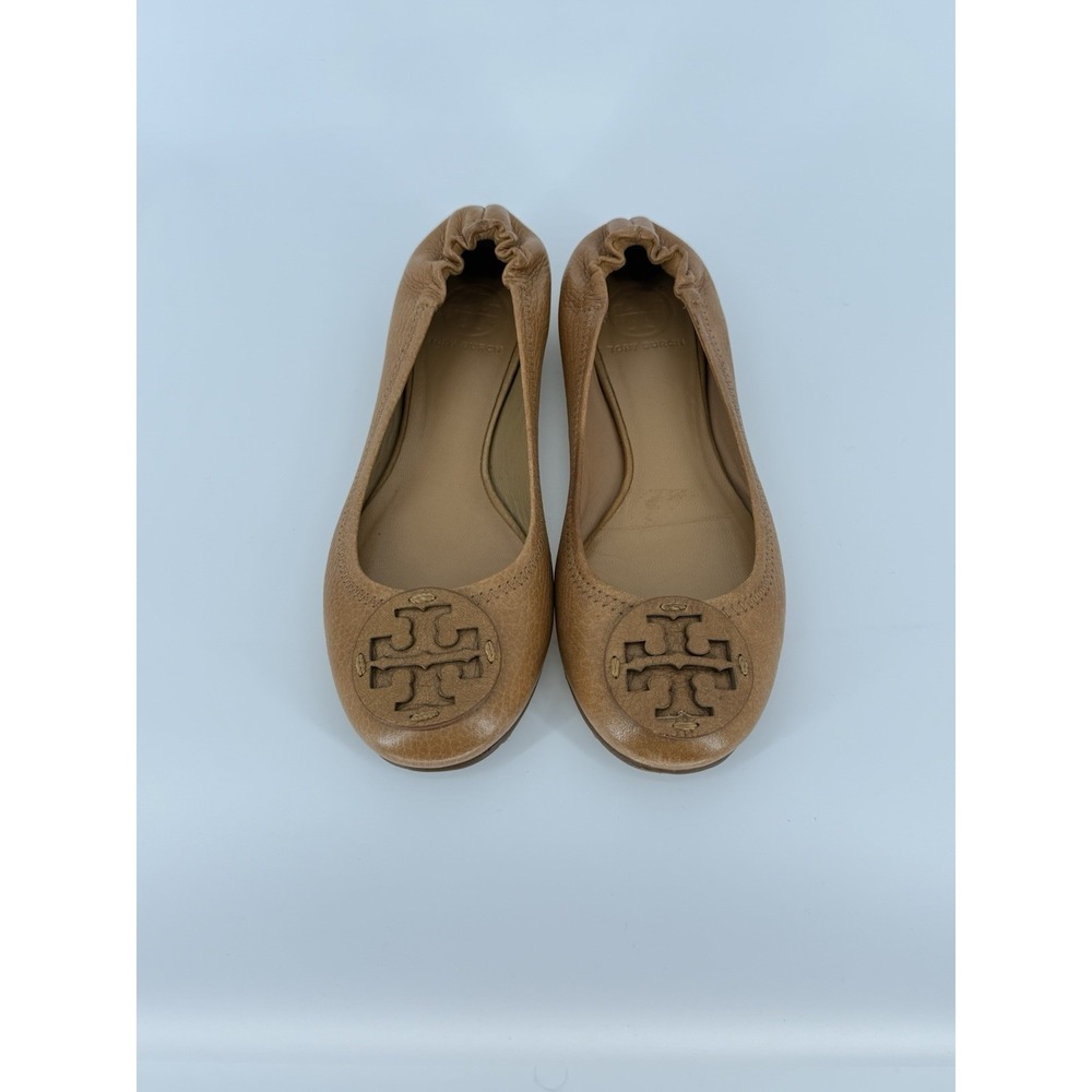 Tory Burch Reva Pebbled Leather Ballet Flats Royal Tan Camel Women Shoe Size 8M - Picture 2 of 7
